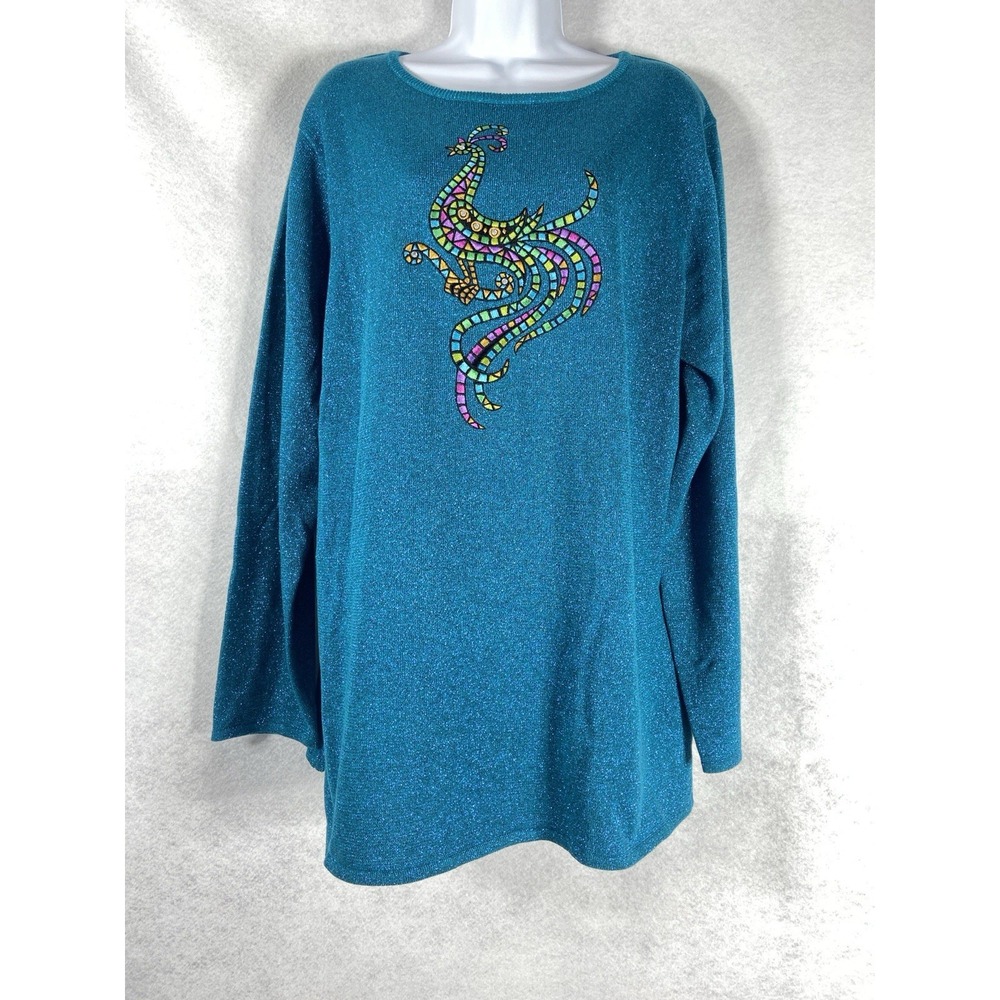 Bob Mackie Sweater Women's Large Blue Pullover Embroidered Wearable Art New